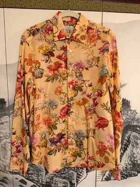 Etro Peach Pixelated Floral Long-Sleeve Shirt with Multicolor Bouquet - 39